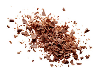 Falling milk chocolate flakes spread and scattered. Isolated cutout on transparent or white background.