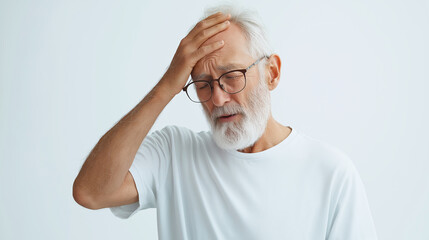 Obraz premium Elderly man with glasses holding his head, expressing discomfort and stress. His white beard and hair contrast with his plain shirt, highlighting his emotional state