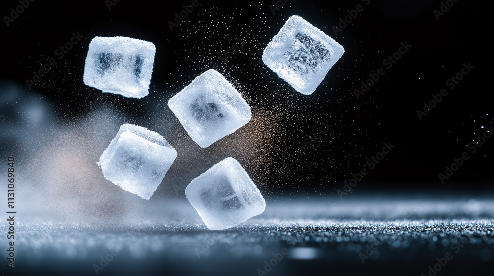 Poster falling ice cubes create dynamic scene against dark background, showcasing their crystalline structu
