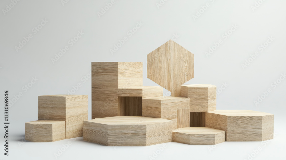Poster wooden hexagon and star shaped product podium of different height and angle of view on transparent b
