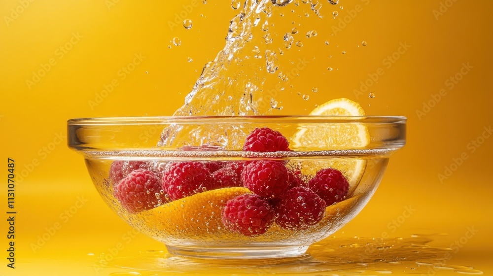 Poster Fresh raspberries and lemon slices splash into a clear bowl, creating a vibrant, refreshing scene.