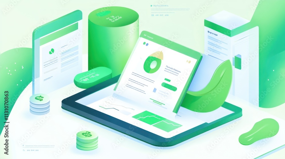 Poster a digital illustration showcasing analytics and data visualization in a green-themed design.