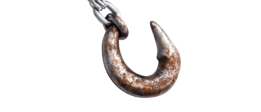 Rusty metal hook on a chain for industrial use. transparent background