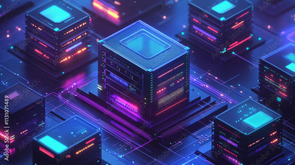 Poster data center, server room or database cloud storage blue vector background. technology network in dat