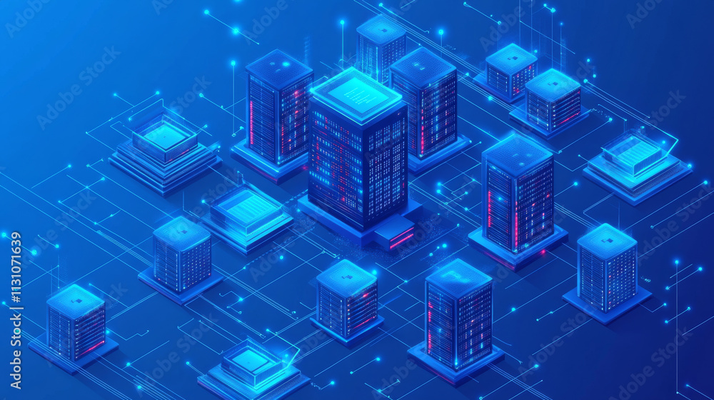 Poster data center, server room or database cloud storage blue vector background. technology network in dat