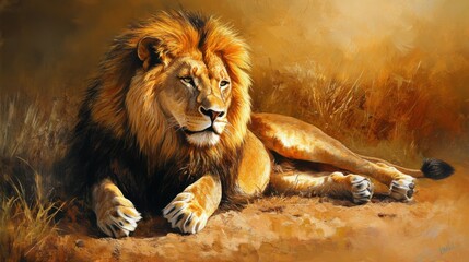 majestic lion resting with calm expression, detailed fur texture, illuminated by soft light, bold and serene focus, natural and majestic composition