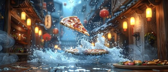 Obraz premium Pizza slice falling with toppings.