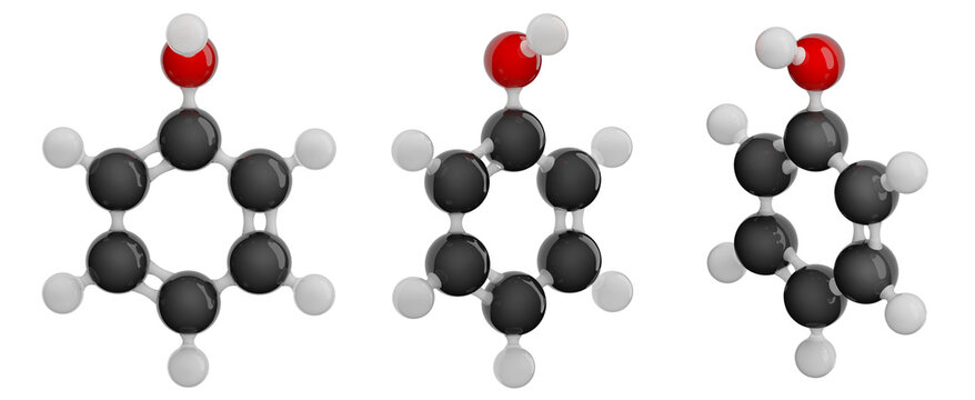 Molecule of Phenol. Set of views. Molecular formula: C6H6O. Chemical model: Ball and Stick. Isolated. Transparent background. PNG transparent. 3D illustration