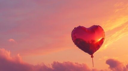 Obraz premium Balloon reflecting golden light, soft pink sky and calm romantic atmosphere. Valentine's Day