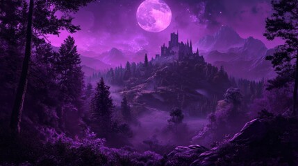Purple moonlit night scene with a majestic castle on a hilltop overlooking a mystical forest.