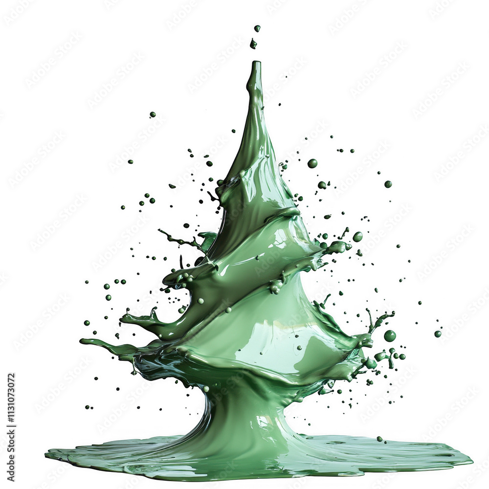 Poster 3d icon green paint splashing and forming a christmas tree shape with transparent background
