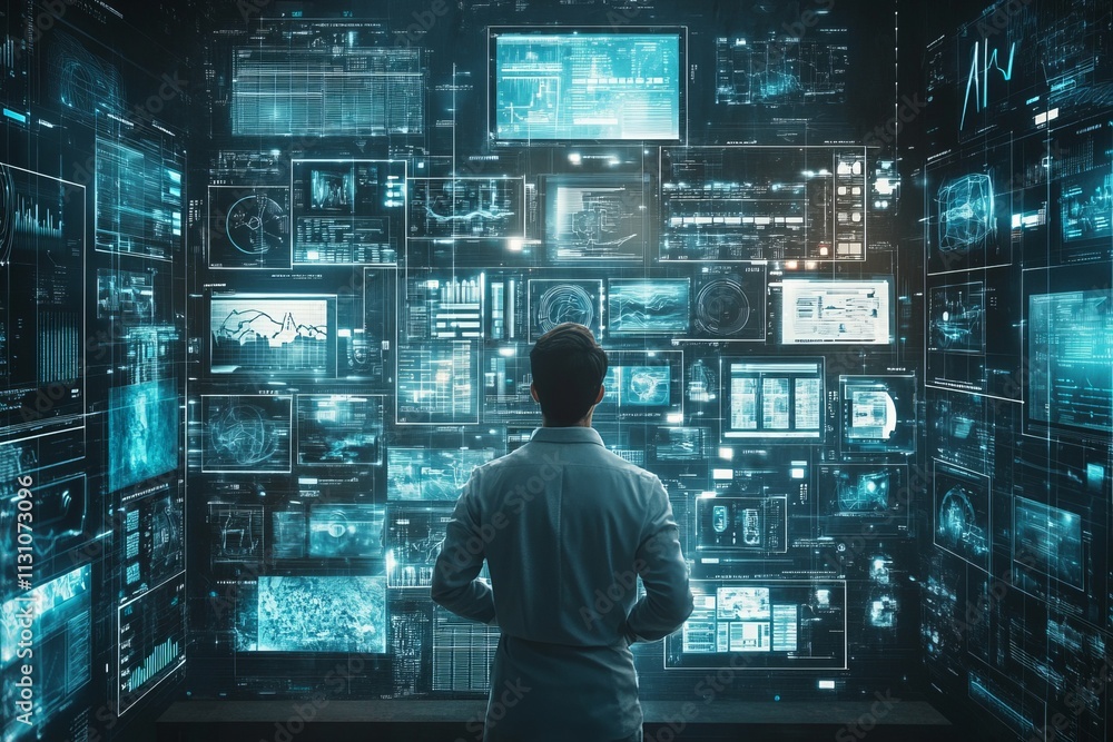 Poster a man is looking at a computer screen with many different screens