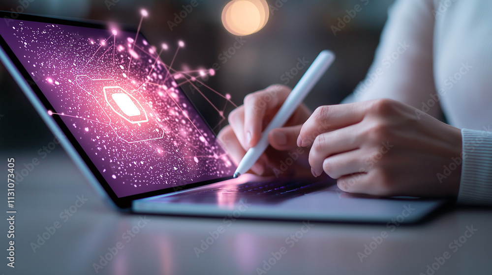 Poster person using digital pen on laptop, creating glowing interface with abstract connections. scene conv