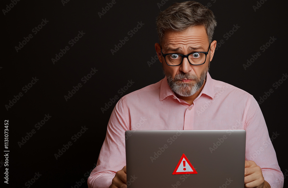 Poster businessman with glasses looks surprised while using laptop with warning symbol. his expression conv
