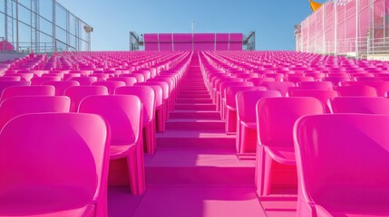 Obraz premium rows of pink stadium seats, vibrant and playful, creating a cheerful and lively atmosphere, perfect for family-friendly events