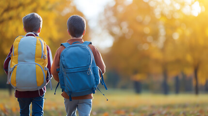 Obraz premium Two schoolchildren with backpacks walking in autumn park, surrounded by colorful leaves and warm sunlight. Their joyful expressions reflect beauty of season