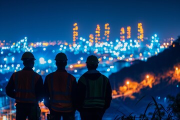 Silhouette of engineer and construction team collaborating at a job site with blurred background