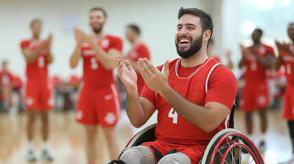 joyful male athlete in wheelchair celebrates with teammates in red uniforms. atmosphere is filled with excitement and camaraderie during basketball event