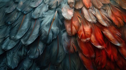 Obraz premium Vibrant Plumage Feather Texture in Autumn Colors with Intricate Patterns and Details Abstract Nature Background with Warm Tones and Elegant Design