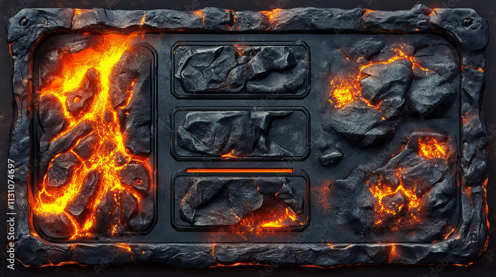 Poster lava stone ui game frame and volcanic button vector. volcano eruption board with magma texture and f