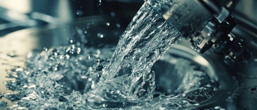 Close-up view of water flushing through transparent pipe, turbulent flow effect, precise detailing, industrial machinery background, intricate textures, vivid reflections, motion dynamics