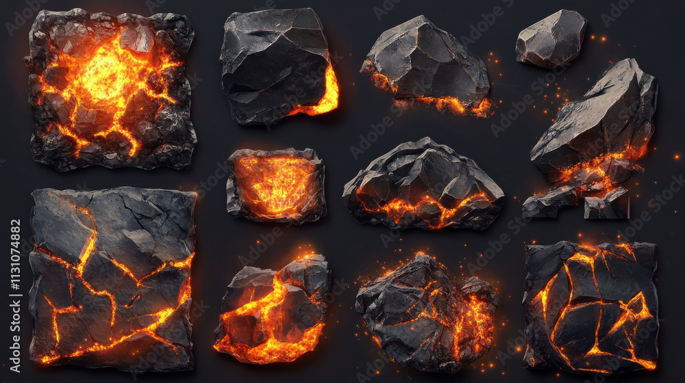Poster lava stone ui game frame and volcanic button vector. volcano eruption board with magma texture and f