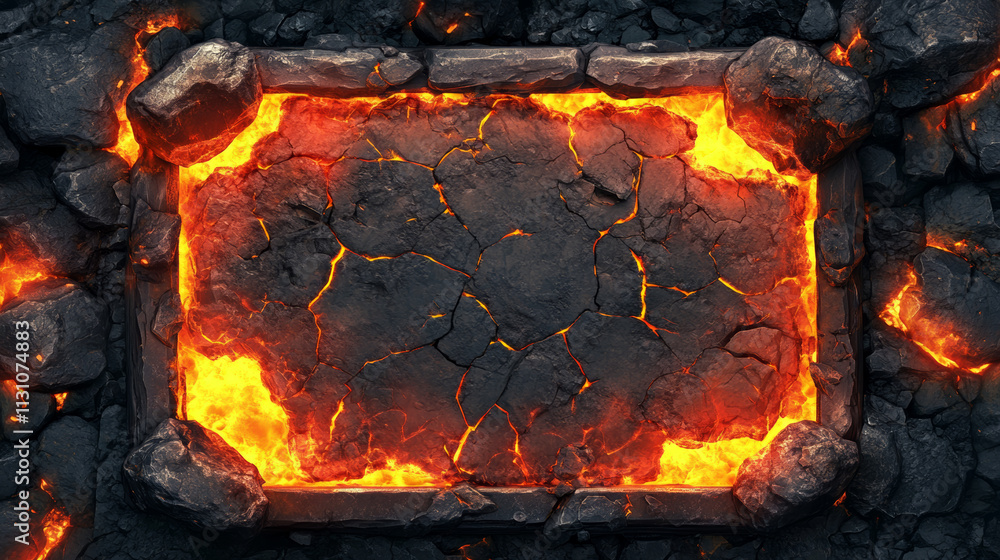 Poster lava stone ui game frame and volcanic button vector. volcano eruption board with magma texture and f