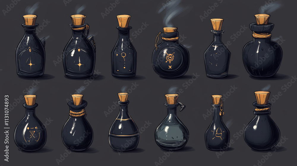 Poster chemical laboratory potion bottle for game app animation. alchemist flask for fluid elixir or antido