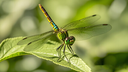 Beautiful dragonfly perched on a lush green leaf 