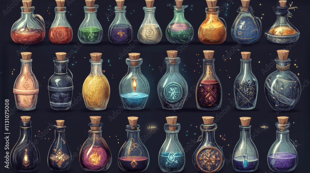 Poster chemical laboratory potion bottle for game app animation. alchemist flask for fluid elixir or antido