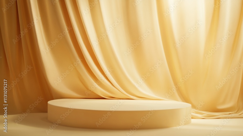 Poster a soft, golden backdrop with flowing drapes and a circular platform, creating an elegant ambiance fo