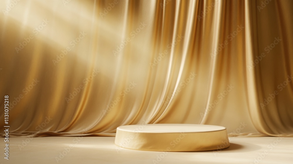 Poster a serene stage setting with golden curtains and a circular platform, creating a luxurious and elegan