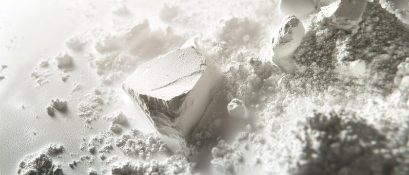 Close-up calcium hydroxide powder, fine particles, floating dust effect, clean white background, modern chemical laboratory scene, ultra-sharp detail, smooth minimalist look