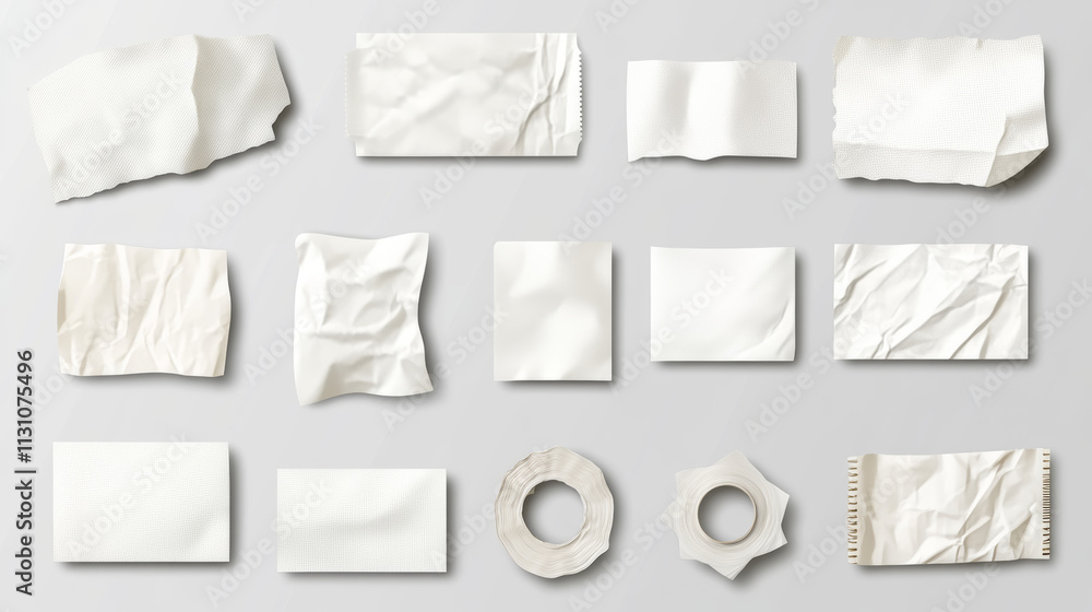 Poster white paper stickers, adhesive patches and tapes. blank crumpled labels different shapes isolated on