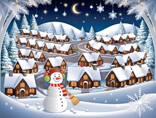 Obraz premium papaer cut wallpaper of christmas decorated home and snowman and moon night