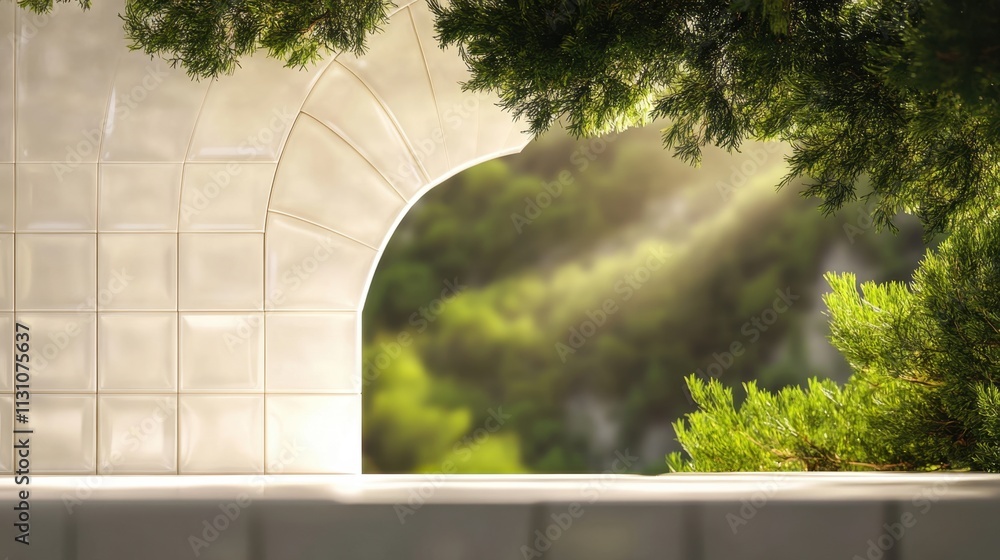 Poster a serene archway framed by lush greenery, illuminated by soft sunlight, creating a tranquil, invitin