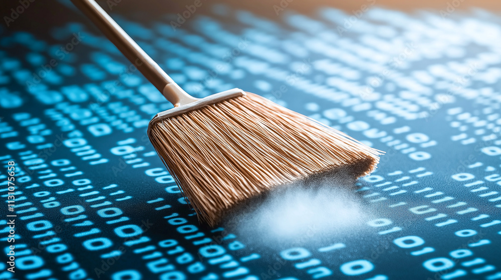 Poster broom sweeping dust over digital background of binary code, symbolizing cleaning of data or technolo