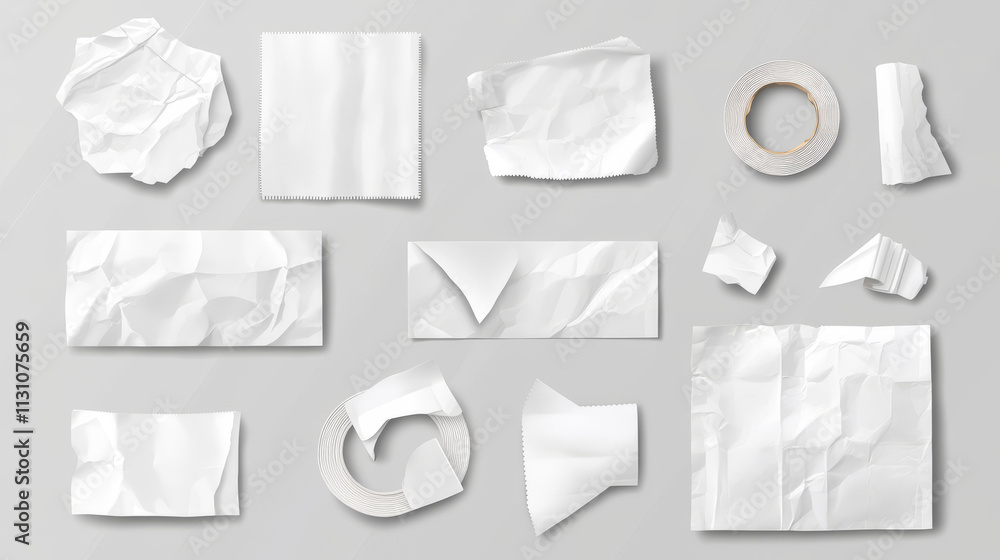 Aufkleber white paper stickers, adhesive patches and tapes. blank crumpled labels different shapes isolated on