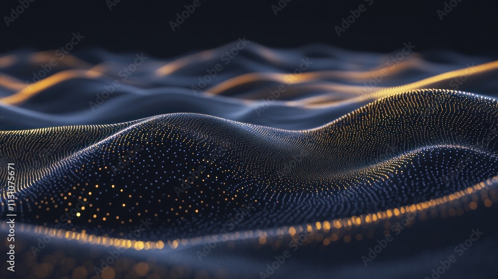 Poster Abstract representation of flowing waves with shimmering particles and a dark background.