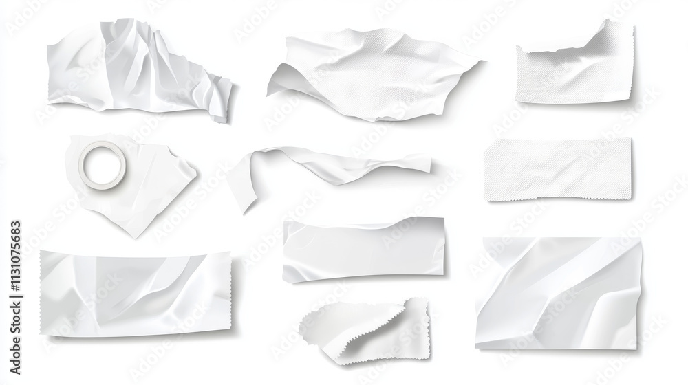 Poster white paper stickers, adhesive patches and tapes. blank crumpled labels different shapes isolated on
