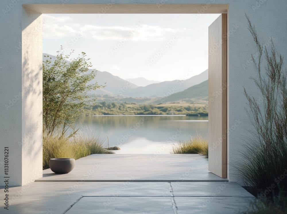 Poster serene view through an open doorway overlooking a tranquil lake and distant mountains.