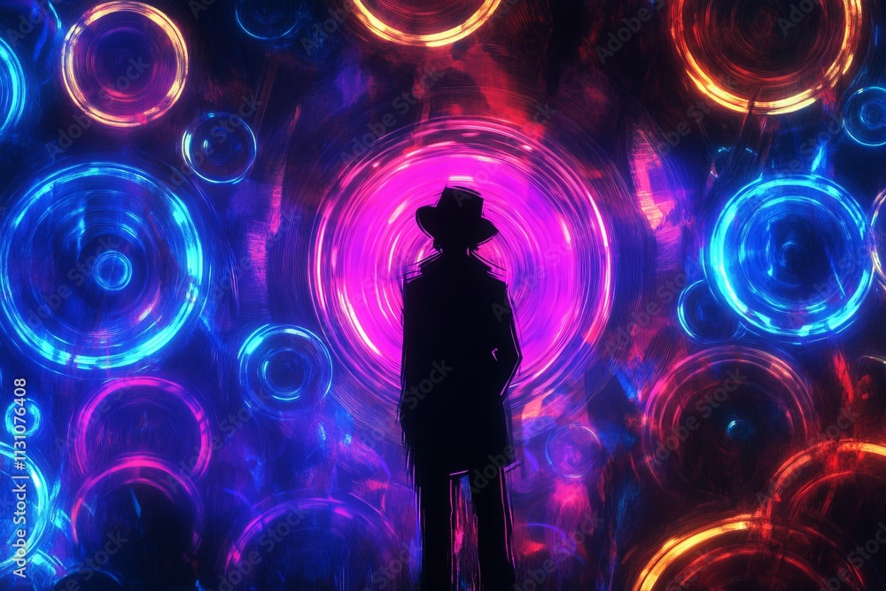 Canvas Prints a man is standing in front of a wall of circles
