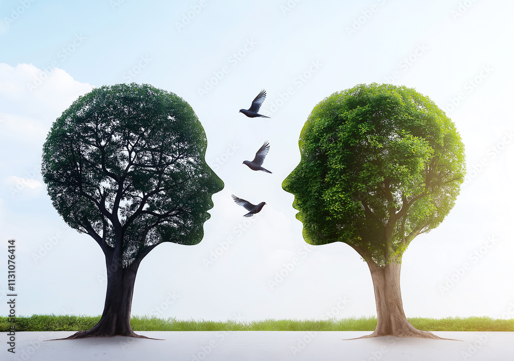 Poster two trees shaped like human faces with birds flying between them, symbolizing nature and connection.