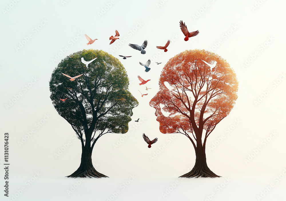 Poster two trees shaped like human faces with birds flying around them create surreal and artistic scene. c