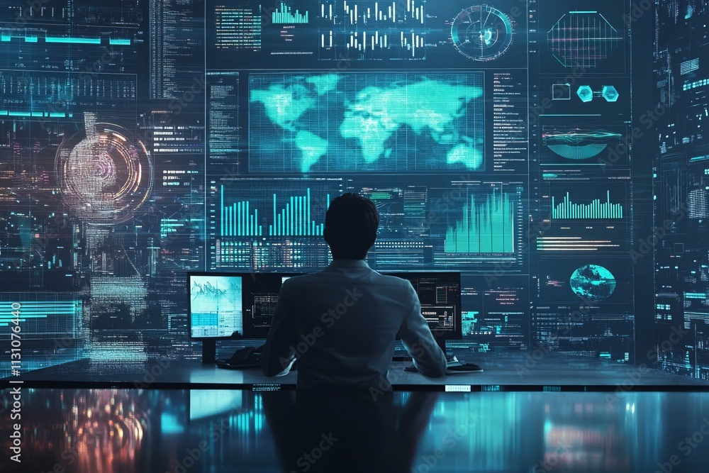 Poster a man is sitting at a desk in front of a computer monitor