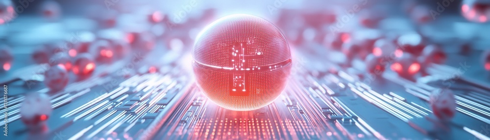 Poster a glowing red sphere on a digital circuit background, symbolizing technology and innovation in a fut