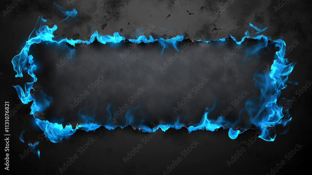 Poster black burnt paper edges with blue fire texture. borders and frames of scorched edges of pages or par