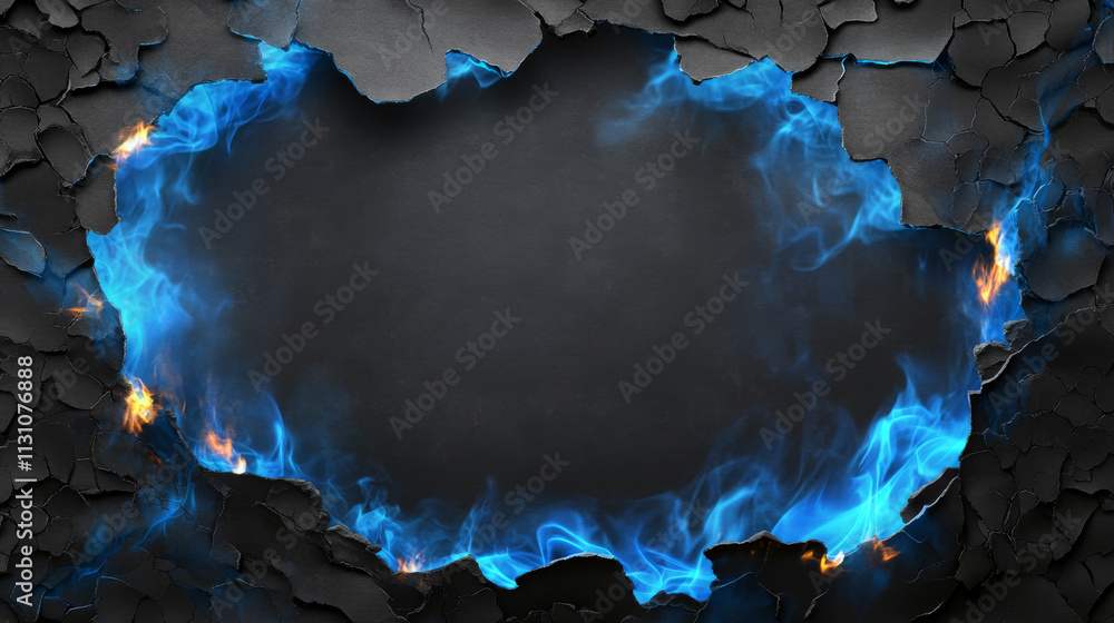 Poster black burnt paper edges with blue fire texture. borders and frames of scorched edges of pages or par