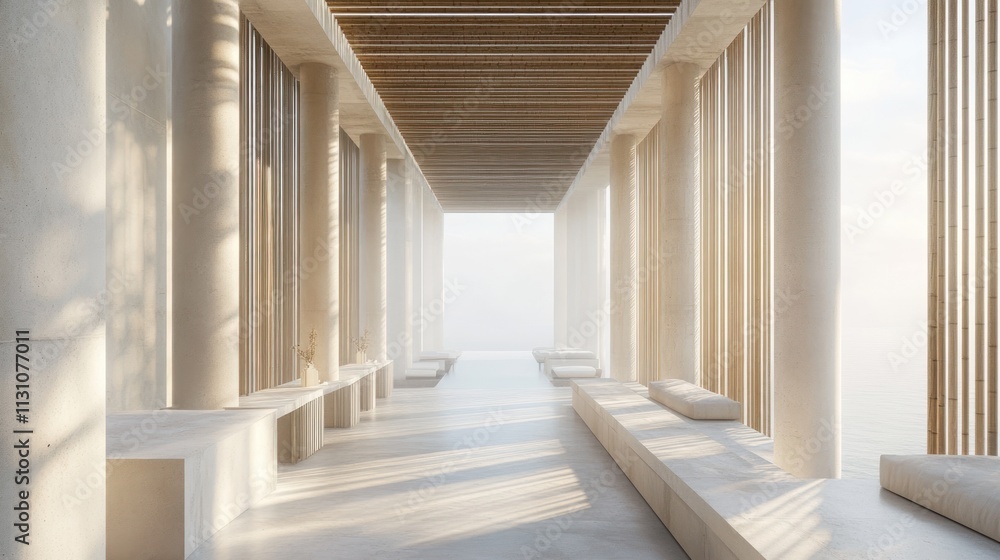 Poster a serene architectural space with columns and natural light, overlooking a tranquil view.