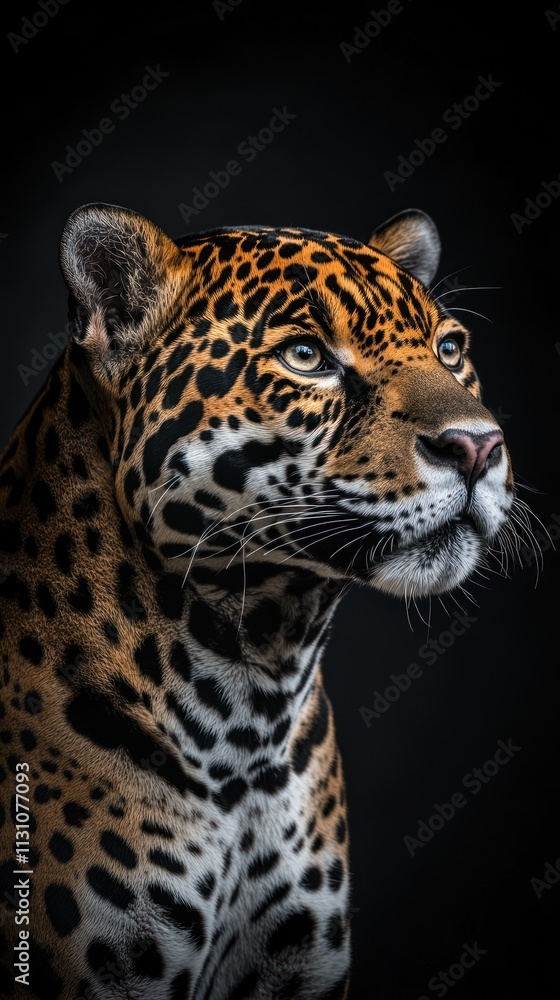 Poster a close-up portrait of a jaguar showcasing its striking features and beautiful fur patterns.